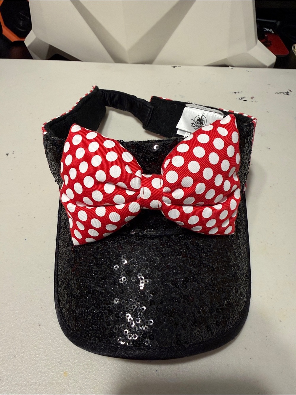 Disney Black Sequin Visor with Red & White Polka Dot Bow